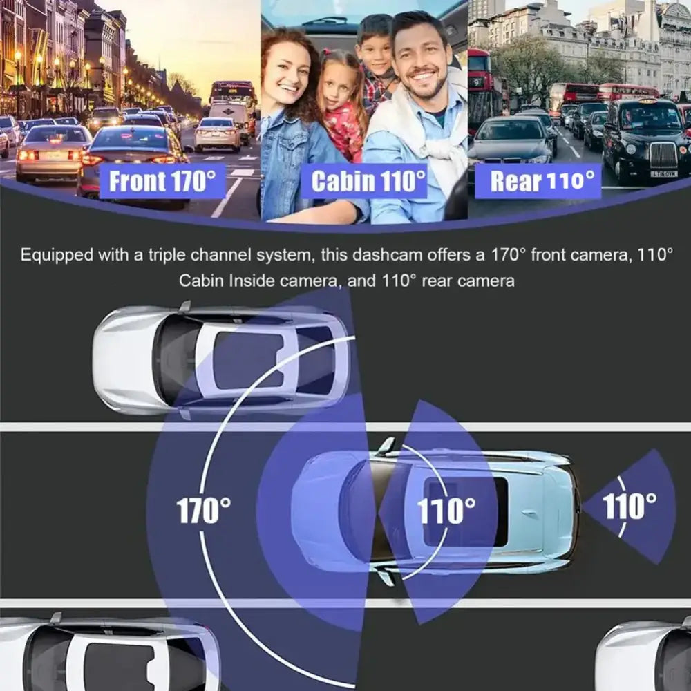 1080P Dash Cam With WiFi 3 Cameras Front Inside Rear Car Video Recording Wide Angle Night Vision 24H Monitor - 1 Set