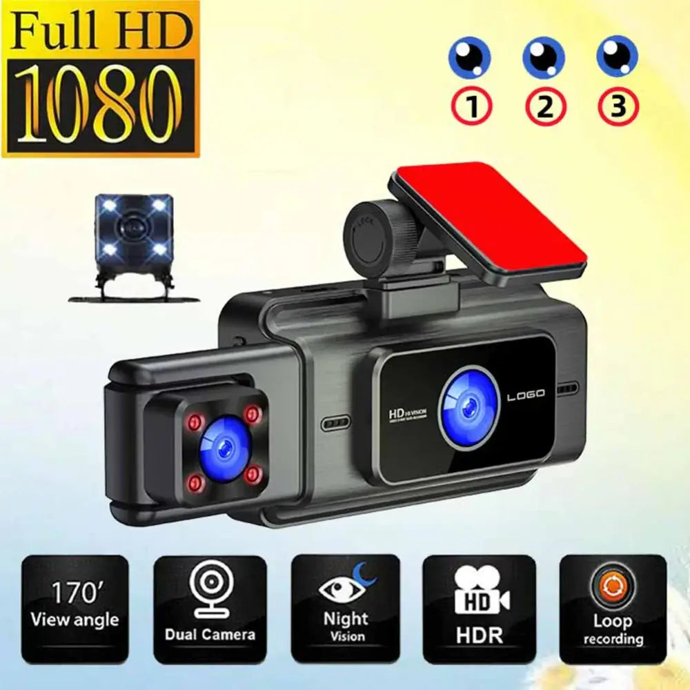 1080P Dash Cam With WiFi 3 Cameras Front Inside Rear Car Video Recording Wide Angle Night Vision 24H Monitor - 1 Set