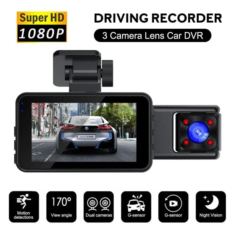 1080P Dash Cam With WiFi 3 Cameras Front Inside Rear Car Video Recording Wide Angle Night Vision 24H Monitor - 1 Set