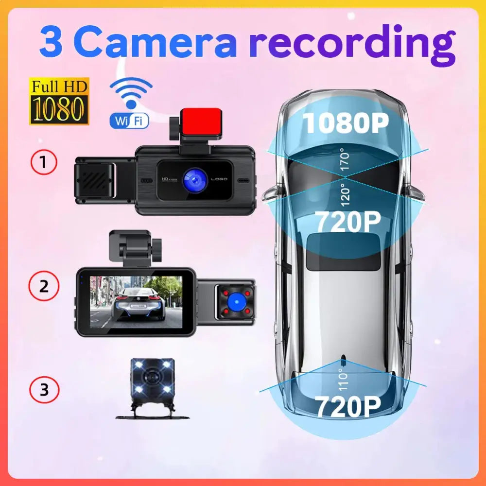 1080P Dash Cam With WiFi 3 Cameras Front Inside Rear Car Video Recording Wide Angle Night Vision 24H Monitor - 1 Set