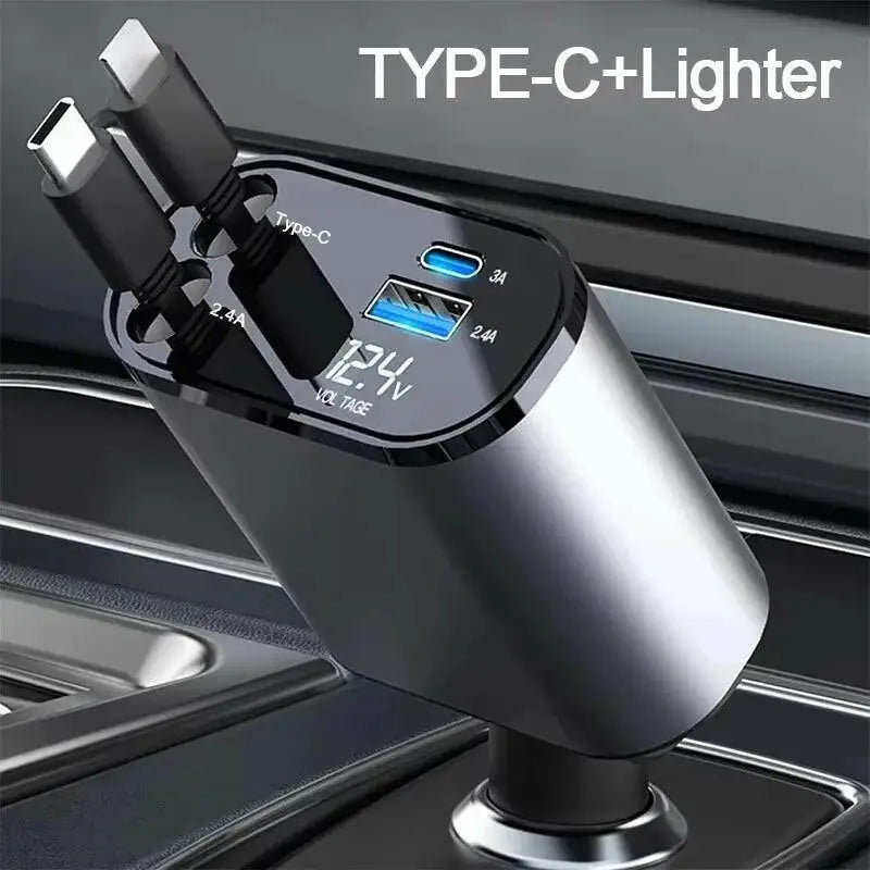 120W 4-in-1 Retractable Car Charger with USB Type-C Fast Charging for iPhone Xiaomi Huawei and Samsung - Lightning