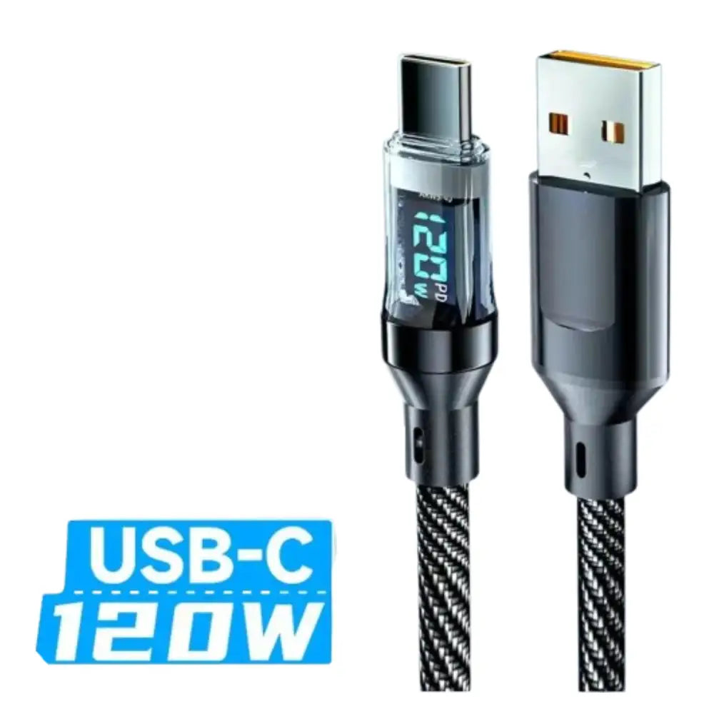 120W LED Digital Display USB Type-C Quick Charge Cable - 120W USB-A to USB-C Cable / 1M