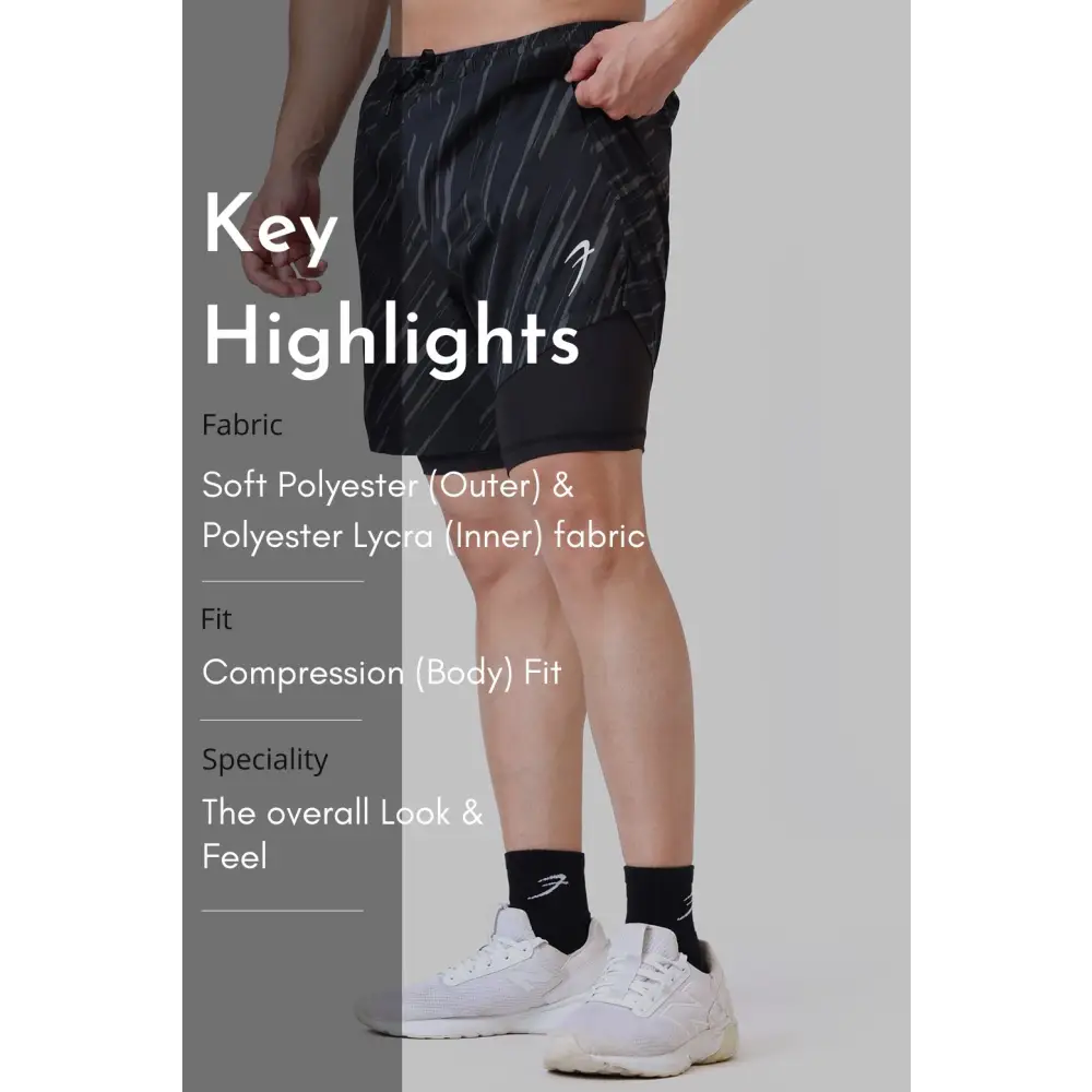 2 in 1 Printed Compression Shorts Black - Shorts