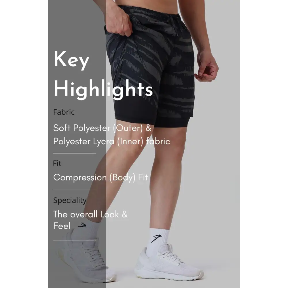 2 in 1 Printed Compression Shorts Olive - Shorts