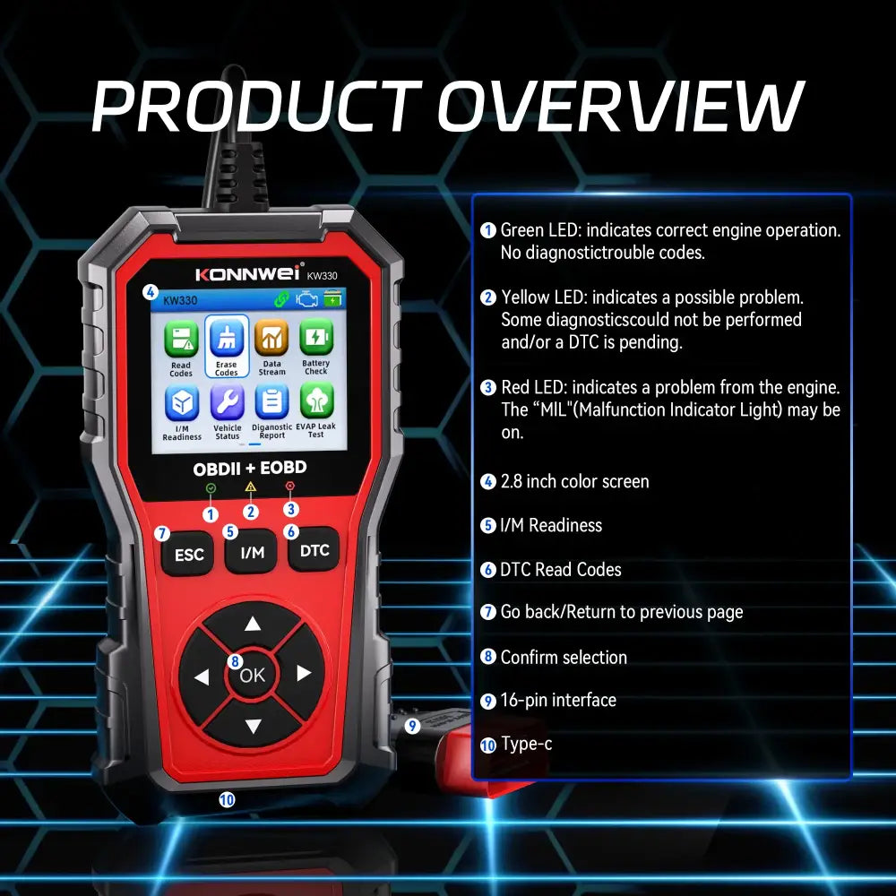 2026 KONNWEI KW330 Car OBD2 Fault Scanner Engine Battery Test Fault Code Clear Real-Time Data Professional OBD