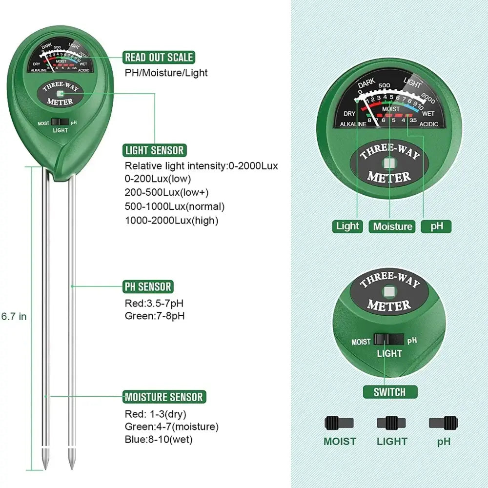 3 In1 Soil Moisture Sensor Meter Soil Water Moisture PH Measuring Tool Garden Plant Acidity Humidity Sunlight Test