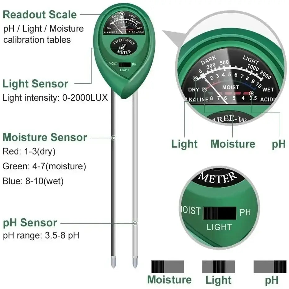 3 In1 Soil Moisture Sensor Meter Soil Water Moisture PH Measuring Tool Garden Plant Acidity Humidity Sunlight Test