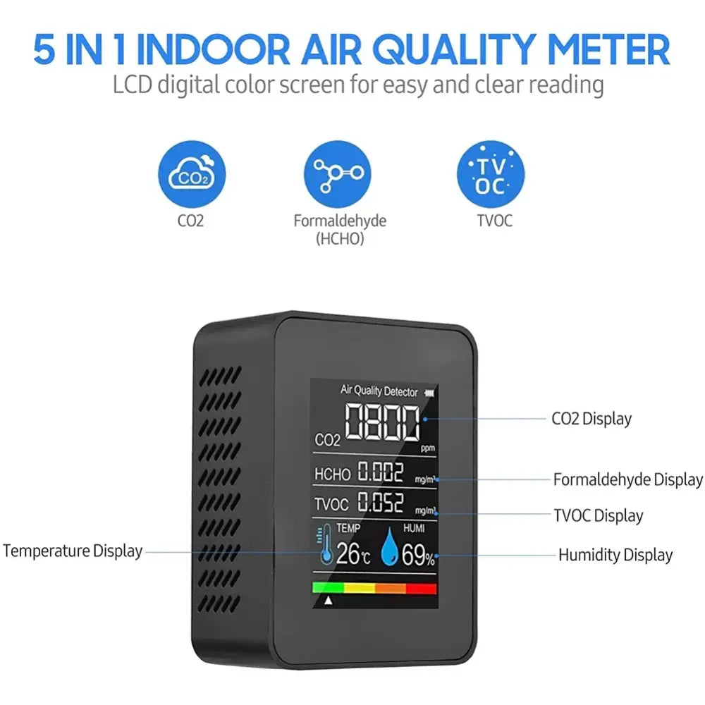 5 in 1 Air Quality Monitor TVOC HCHO Temperature Humidity CO2 Meter USB Rechargeable CO2 Detector Black