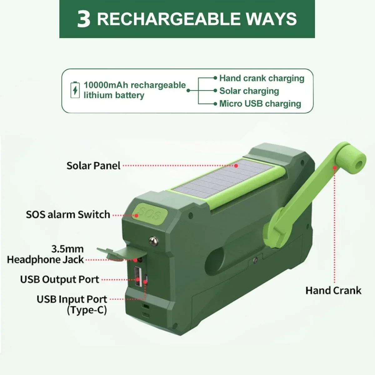 Multifunctional 10000mAh Solar Crank Radio (2 colours available)