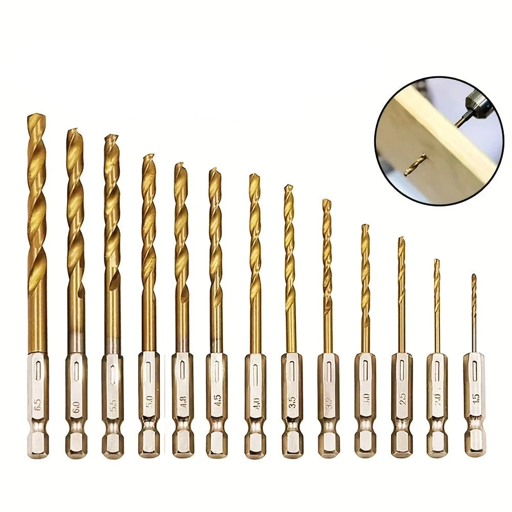 Titanium Twist Drill Bit Set – Hex Shank 1.5–6.5mm (available in single piece & all in one pack)