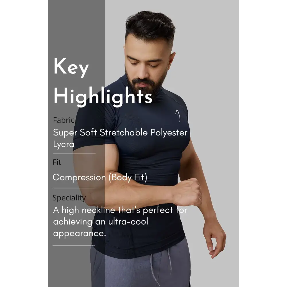 High Neck Compression T-shirt Navy - Tshirts