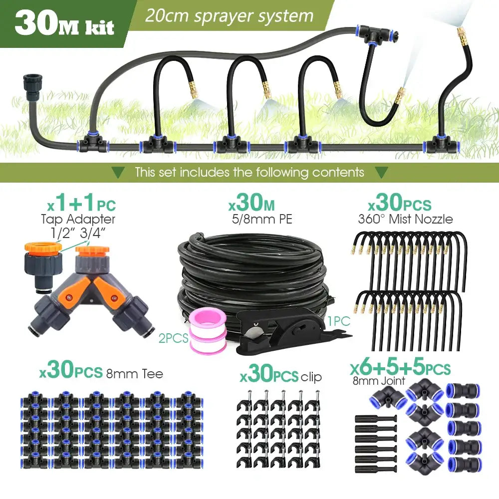 PE Hose with Adjustable Misting Sprayer & Pump Kit for Garden (different sizes available) - 30M kit - SS