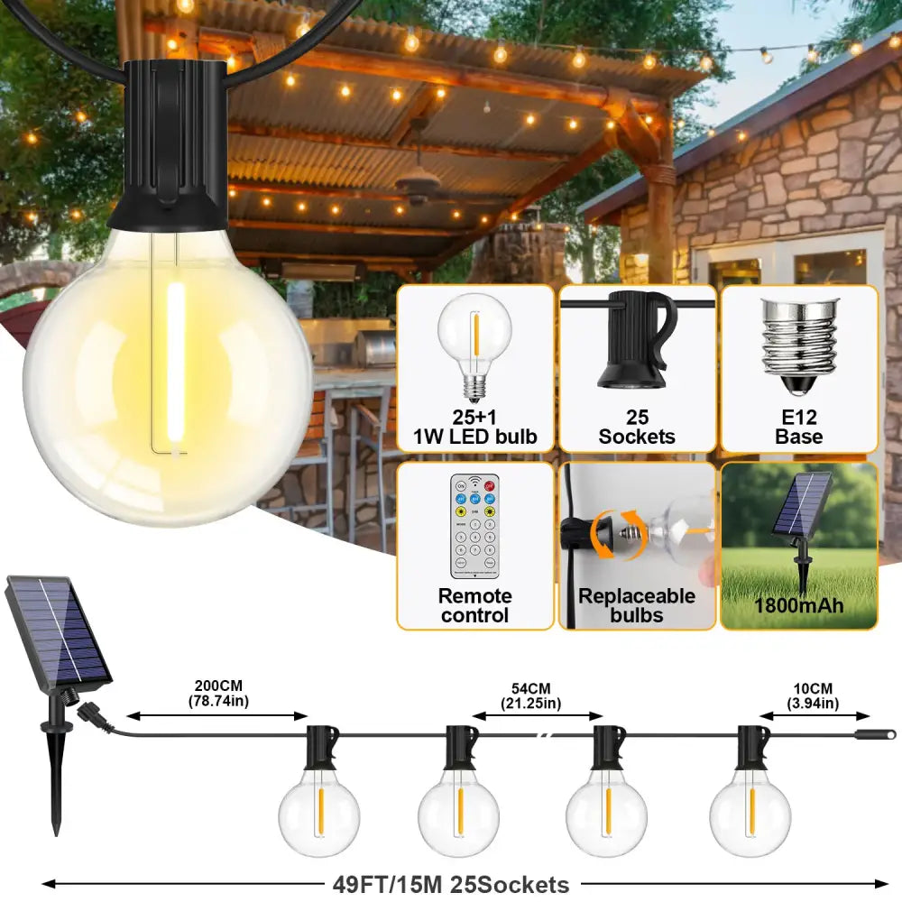 Shatterproof Solar String Lights G40 Outdoor Solar Light Garden Waterproof USB Charging Lighting With Remote Decoration