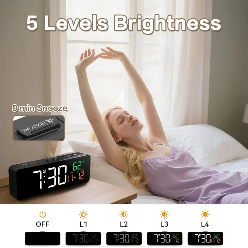 USB Digital Alarm Clock – TEMP & Date Display with 5-Level Brightness - Black - HBC
