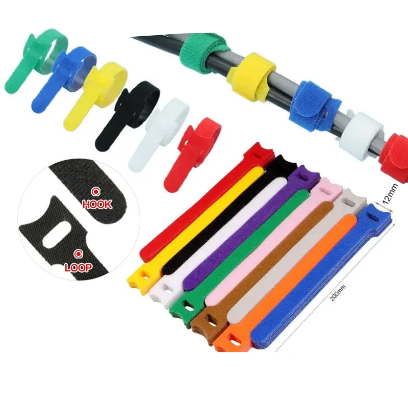 10~1000pcs Nylon Cable Ties 12x200mm Multi-Colour T-Type Hook & Loop Tape Reusable Fastener Adjustable Wire Tie Cable