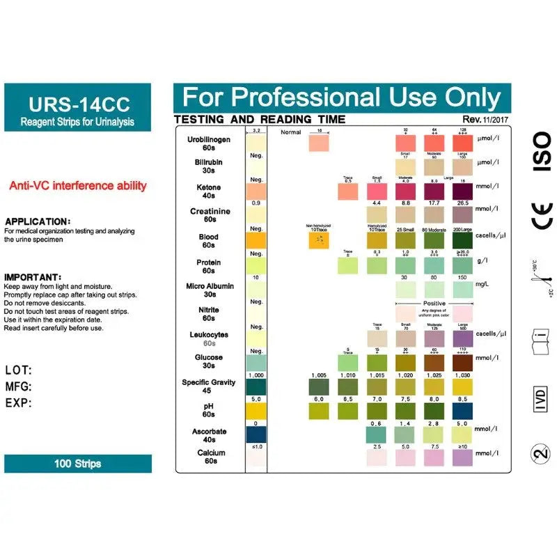 100 Strips URS - 14T Urinalysis Reagent - 14 Parameters Urine Test Strip
