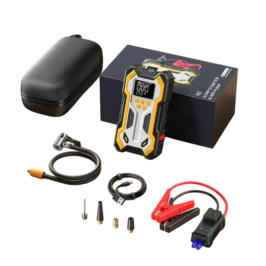 10000mAh 12V Multi-Function Car Jump Starter Air Compressor & Wireless Power Bank Smart Clamps Gas & Diesel Cars