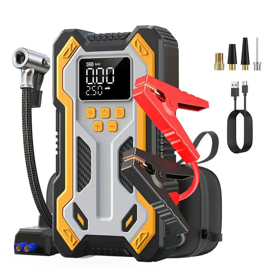 10000mAh 12V Multi-Function Car Jump Starter Air Compressor & Wireless Power Bank Smart Clamps Gas & Diesel Cars