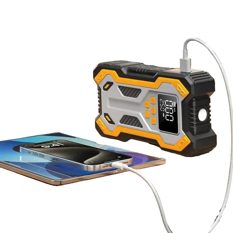 10000mAh 12V Multi-Function Car Jump Starter Air Compressor & Wireless Power Bank Smart Clamps Gas & Diesel Cars