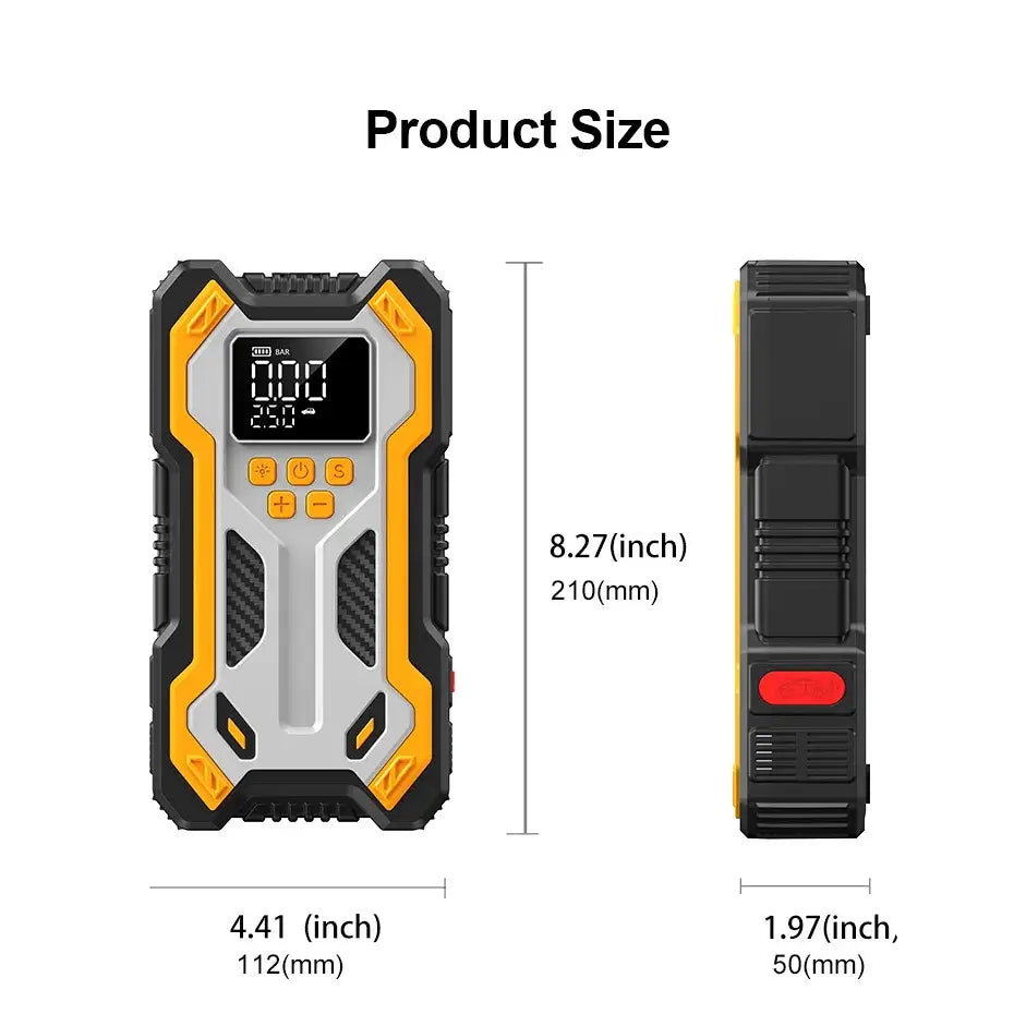 10000mAh 12V Multi-Function Car Jump Starter Air Compressor & Wireless Power Bank Smart Clamps Gas & Diesel Cars