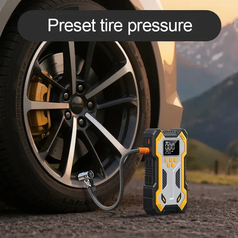 10000mAh 12V Multi-Function Car Jump Starter Air Compressor & Wireless Power Bank Smart Clamps Gas & Diesel Cars