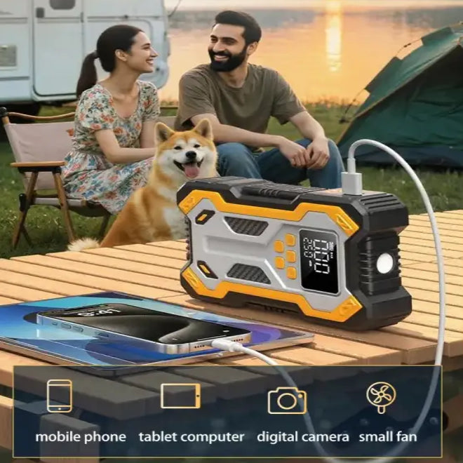 10000mAh 12V Multi-Function Car Jump Starter Air Compressor & Wireless Power Bank Smart Clamps Gas & Diesel Cars