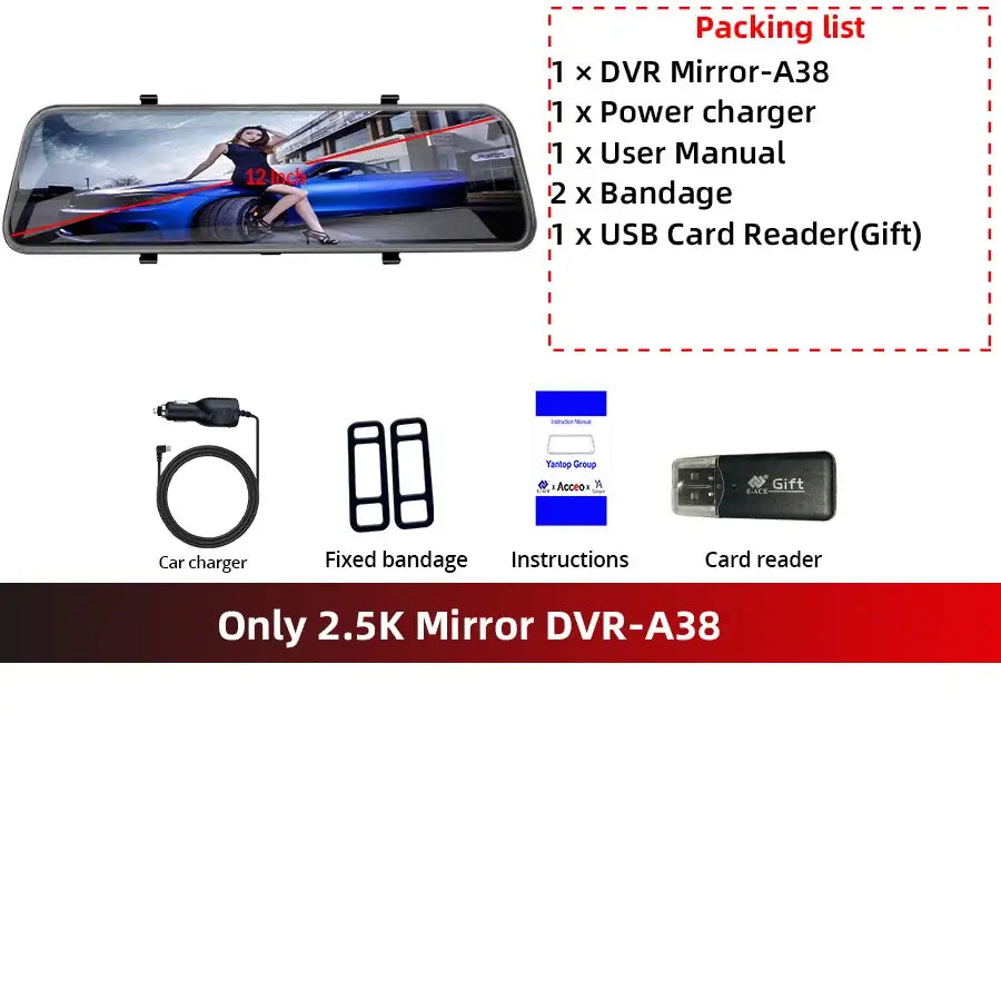 12-Inch Touch Screen Dash Cam and Rearview Camera System for Vehicles with DVR Functionality and Sony Technology - Only