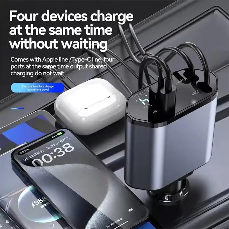120W 4-in-1 Retractable Car Charger with USB Type-C Fast Charging for iPhone Xiaomi Huawei and Samsung