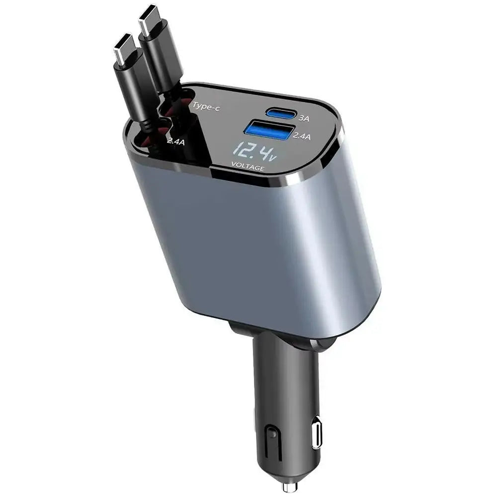 120W 4-in-1 Retractable Car Charger with USB Type-C Fast Charging for iPhone Xiaomi Huawei and Samsung - Dual Type C