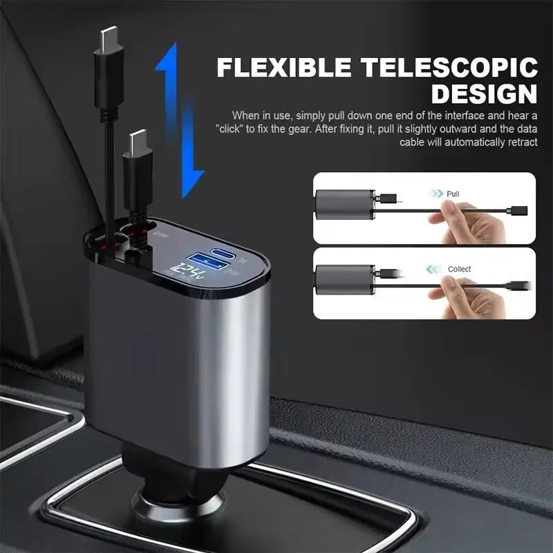 120W 4-in-1 Retractable Car Charger with USB Type-C Fast Charging for iPhone Xiaomi Huawei and Samsung