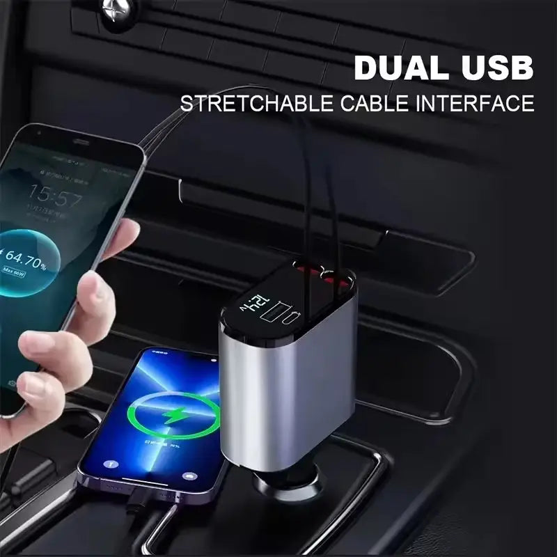 120W 4-in-1 Retractable Car Charger with USB Type-C Fast Charging for iPhone Xiaomi Huawei and Samsung