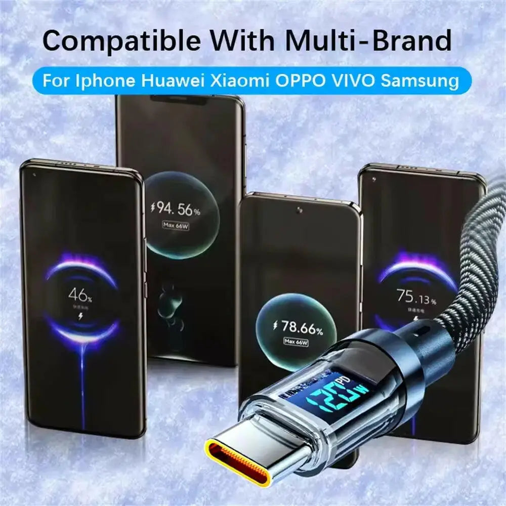 120W LED Digital Display USB Type-C Quick Charge Cable for OPPO VIVO and Huawei Fast Charging Data Transfer