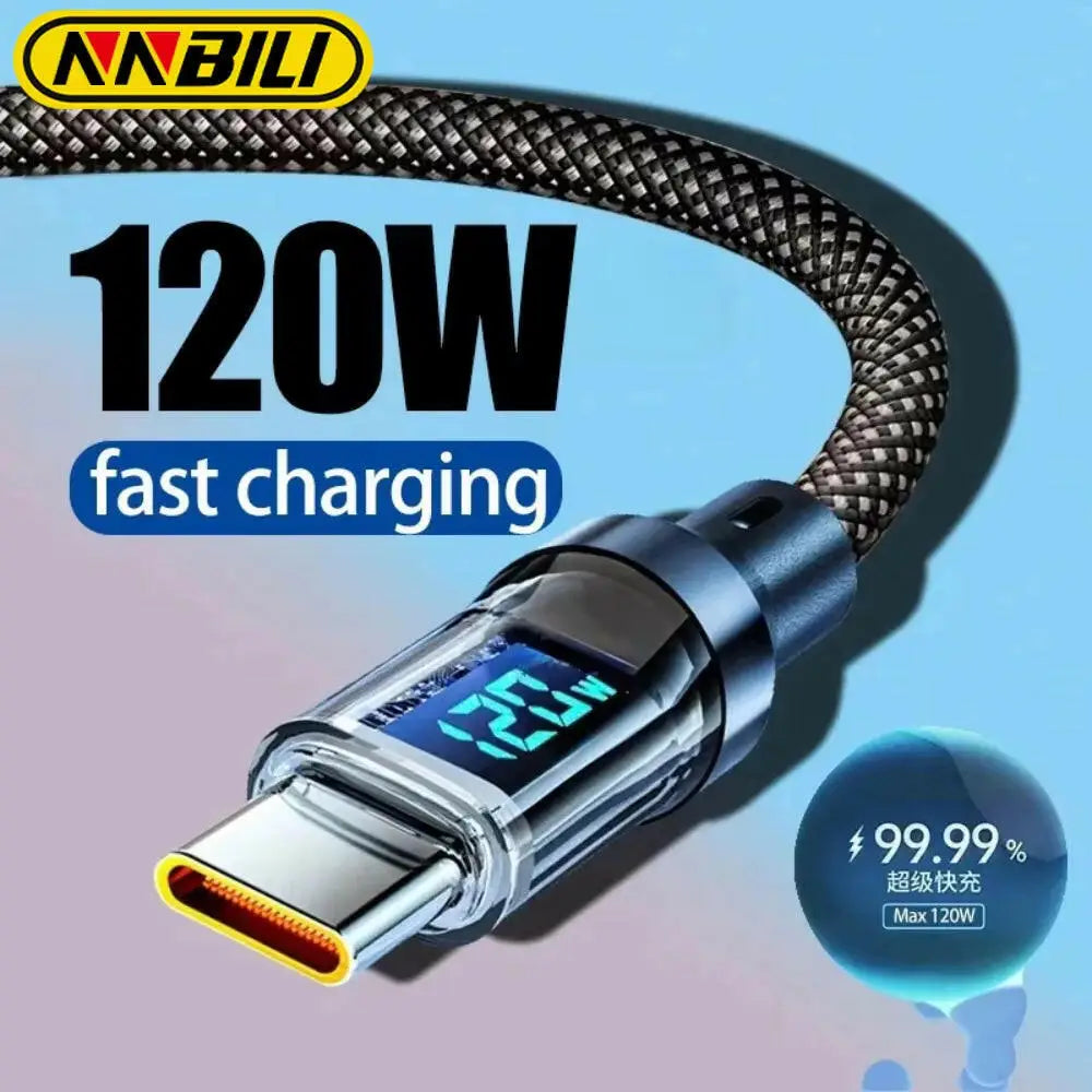 120W LED Digital Display USB Type-C Quick Charge Cable for OPPO VIVO and Huawei Fast Charging Data Transfer
