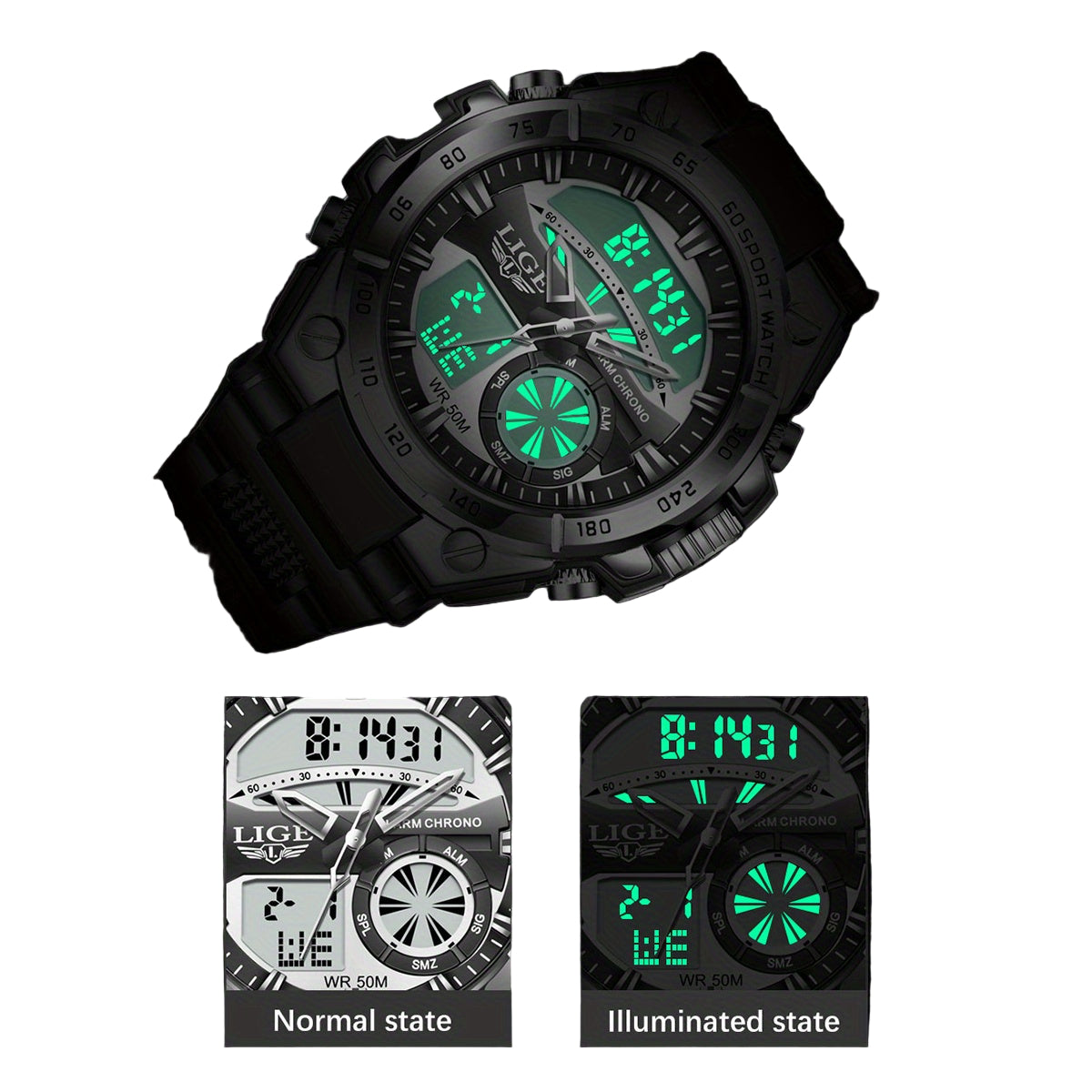 LIGE Men's Digital Sports Watch – LED Display, Quartz Movement, Stopwatch (4 designs available)