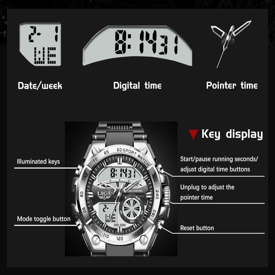 LIGE Men's Digital Sports Watch – LED Display, Quartz Movement, Stopwatch (4 designs available)