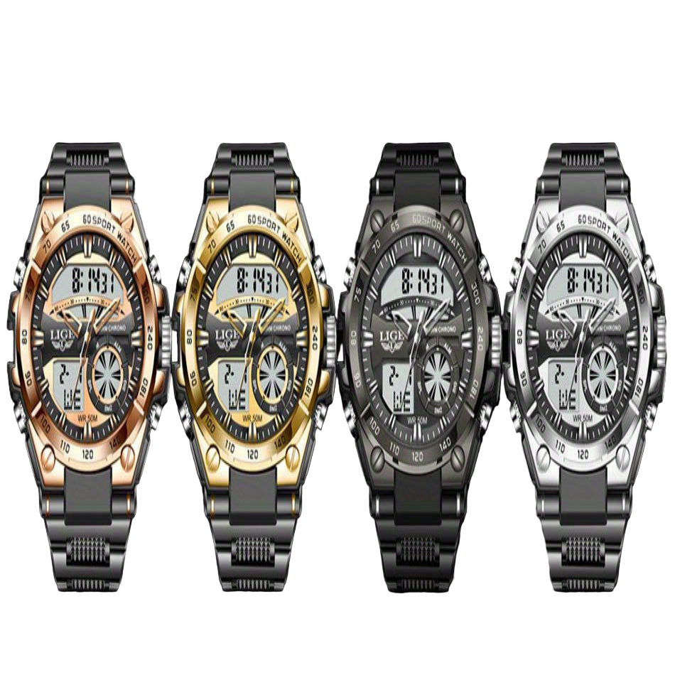 LIGE Men's Digital Sports Watch – LED Display, Quartz Movement, Stopwatch (4 designs available)
