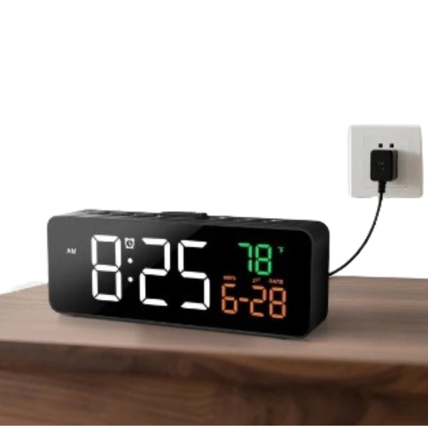 USB Digital Alarm Clock – TEMP & Date Display with 5-Level Brightness
