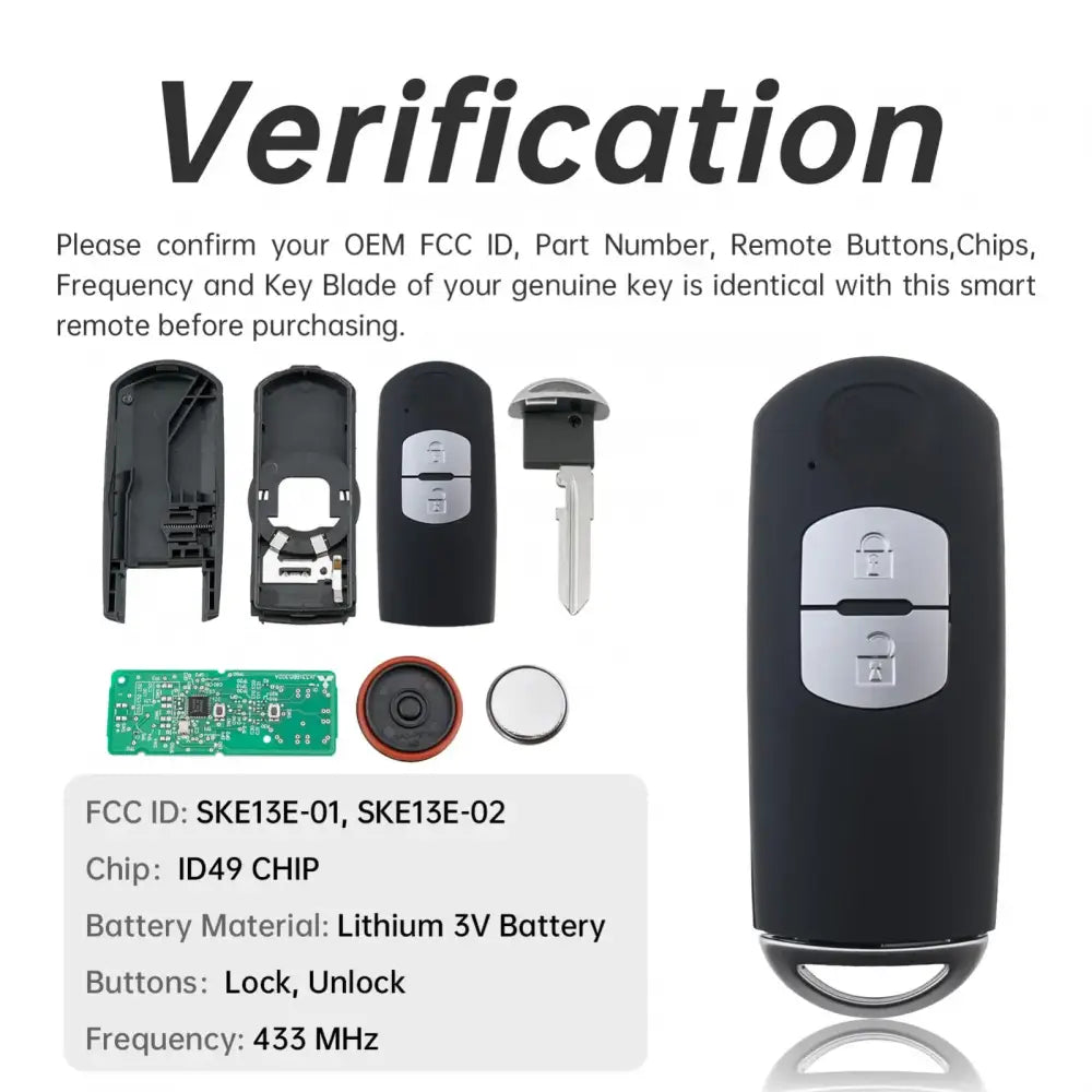 2/3 Buttons 433MHz Keyless Smart Remote Car Key Fob Fit for Axela / Atenza with ID49 Chip SKE13E-01 SKE13E-02