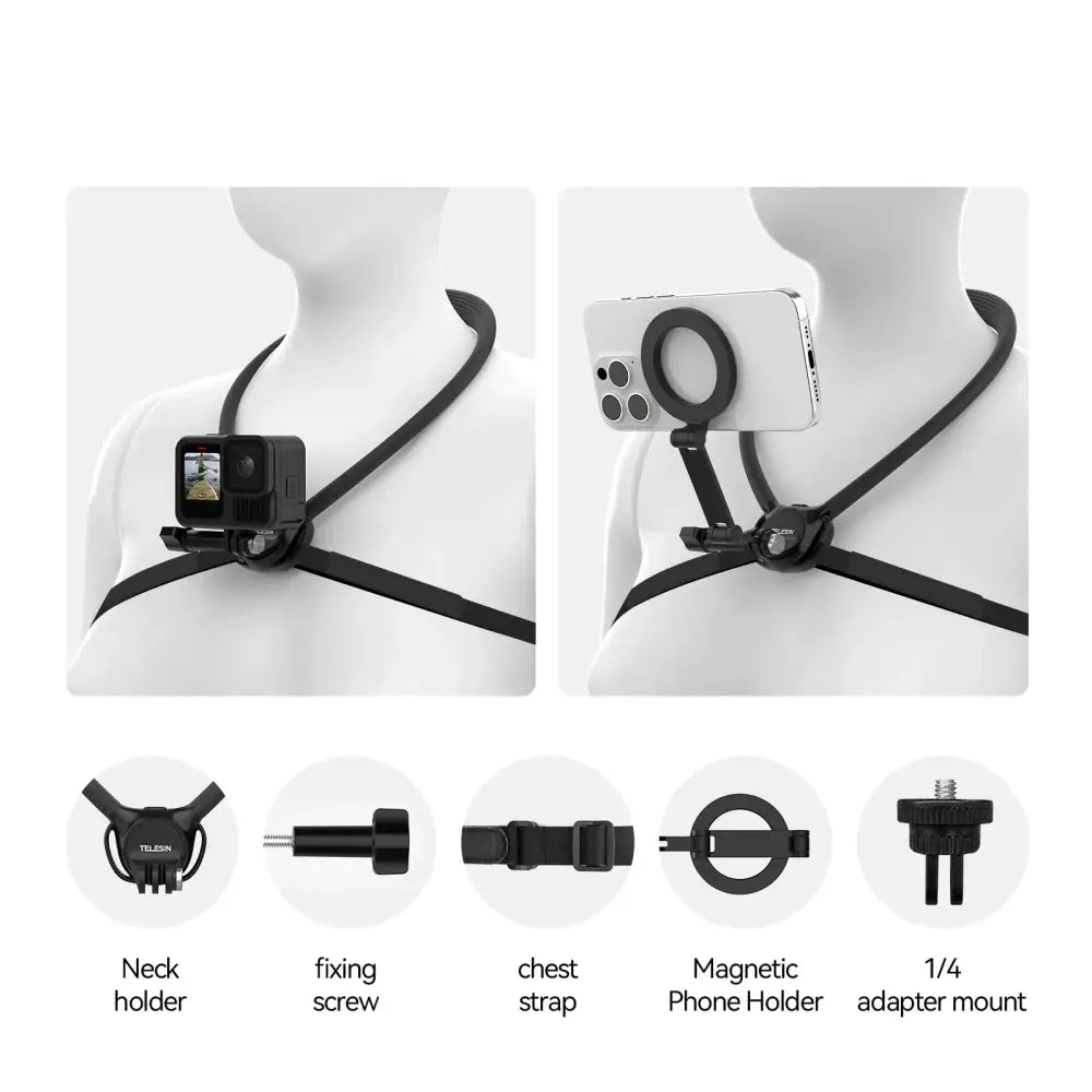 2-in-1 Action Camera Neck Mount - 2 in 1 Phone camera / GoPro Insta360 DJI OSMO - 9eight5