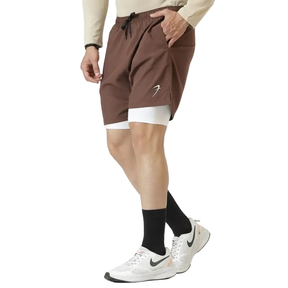2 in 1 Compression Shorts Brown - Shorts