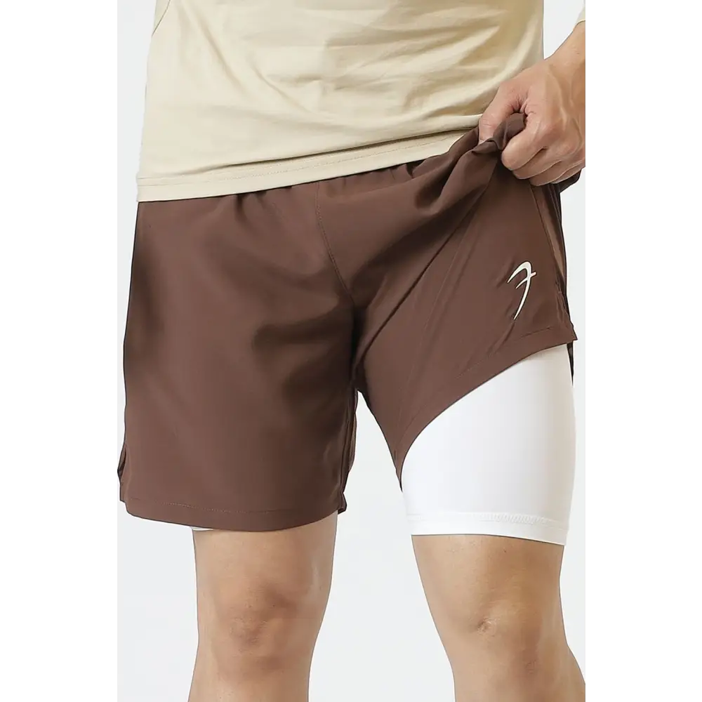 2 in 1 Compression Shorts Brown - Shorts