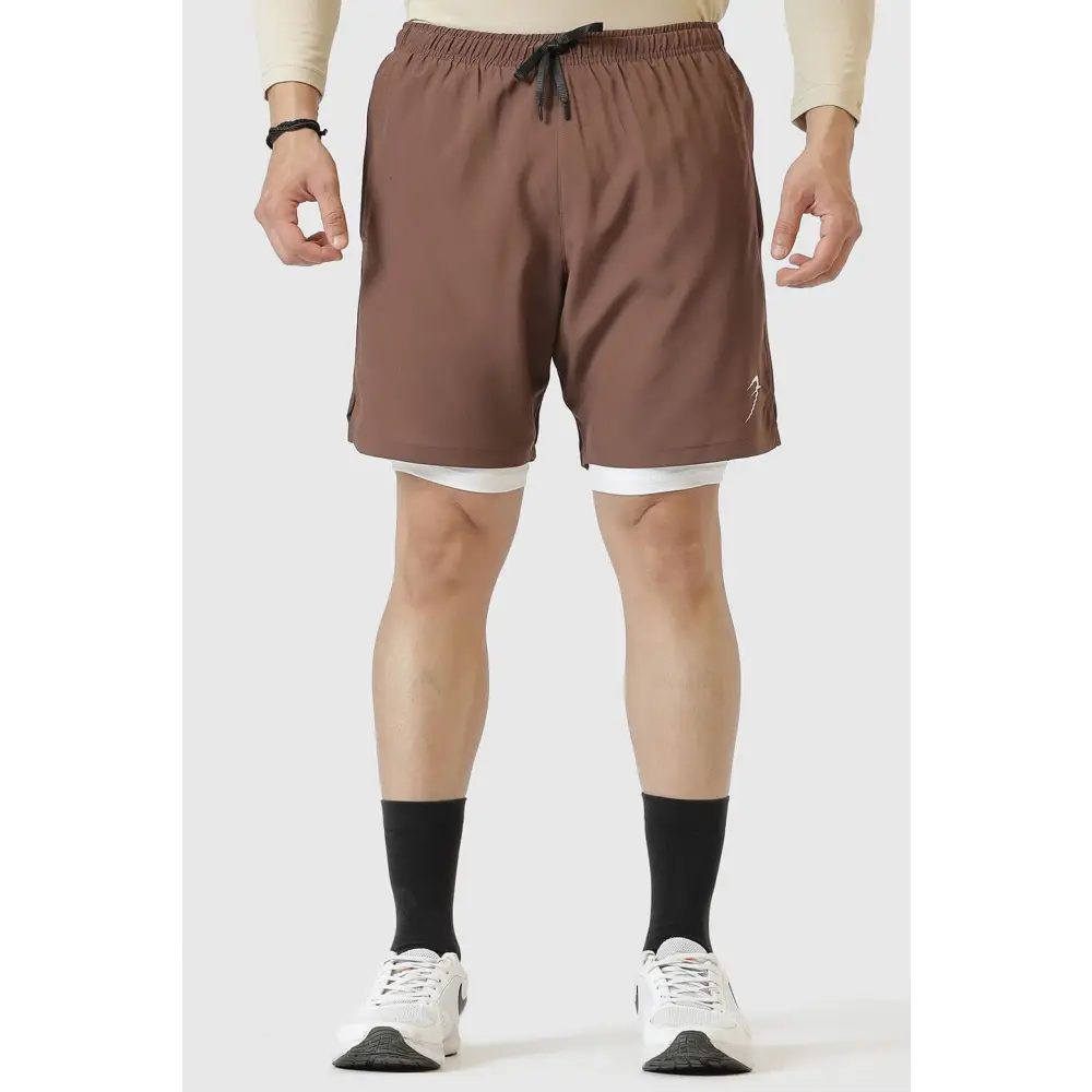 2 in 1 Compression Shorts Brown - Shorts