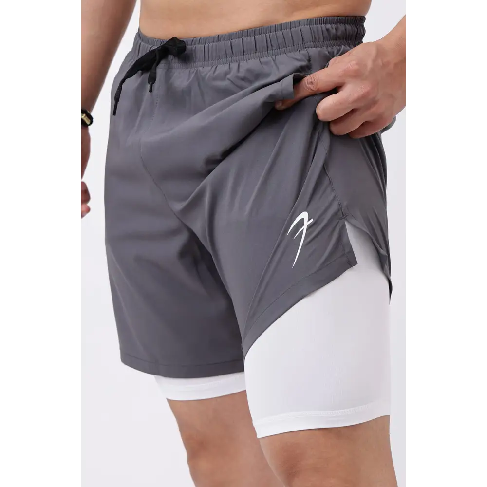 2 in 1 Compression Shorts Grey with White - Shorts
