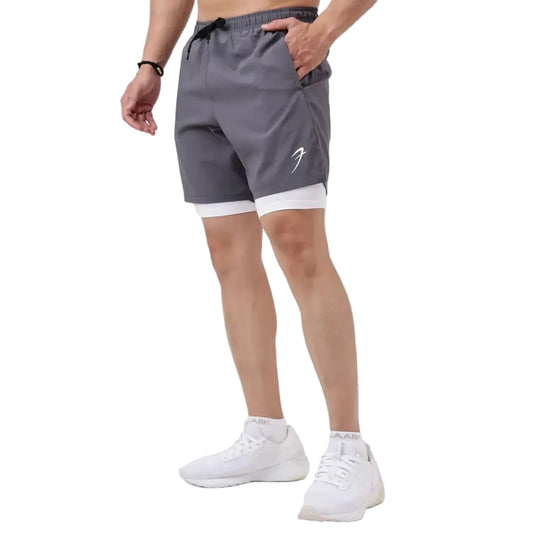 2 in 1 Compression Shorts Grey with White - Shorts