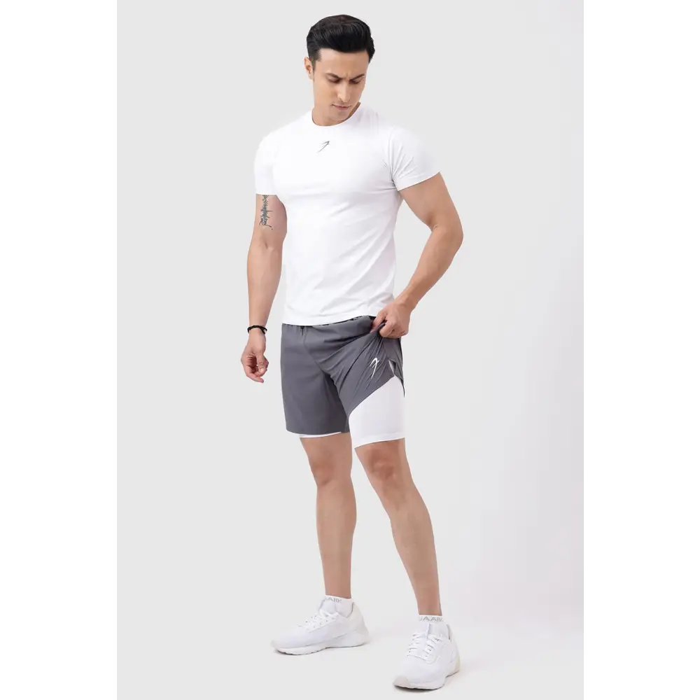 2 in 1 Compression Shorts Grey with White - Shorts