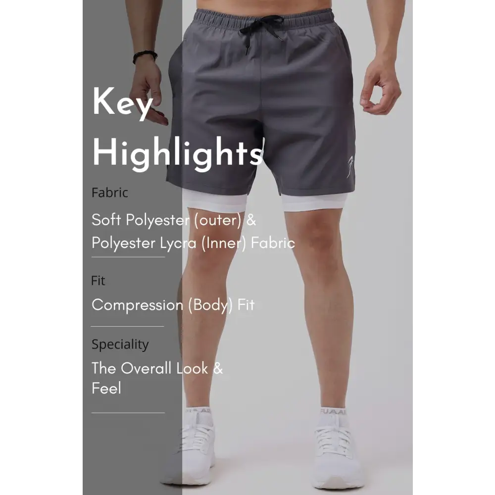 2 in 1 Compression Shorts Grey with White - Shorts