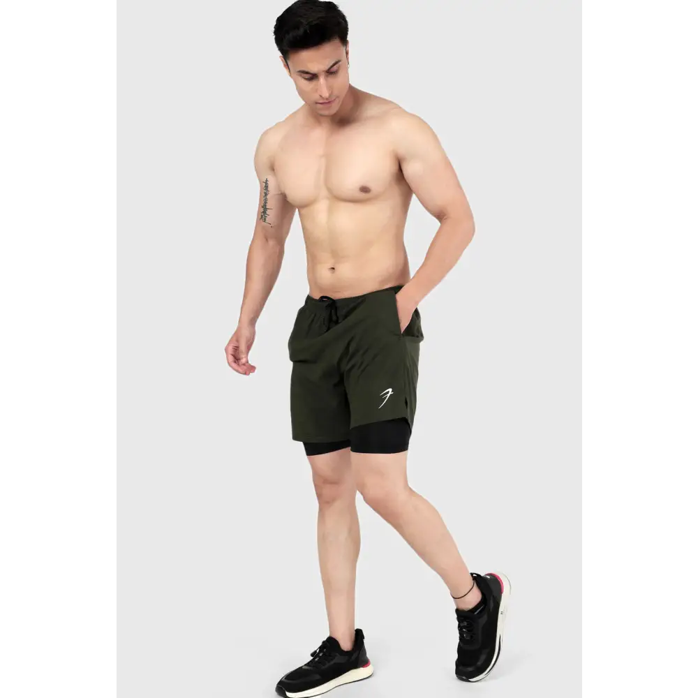 2 in 1 Compression Shorts Olive - Shorts
