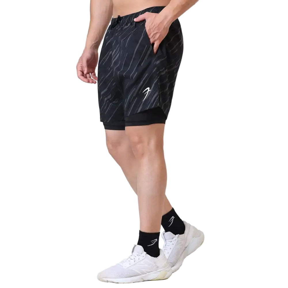 2 in 1 Printed Compression Shorts Black - Shorts