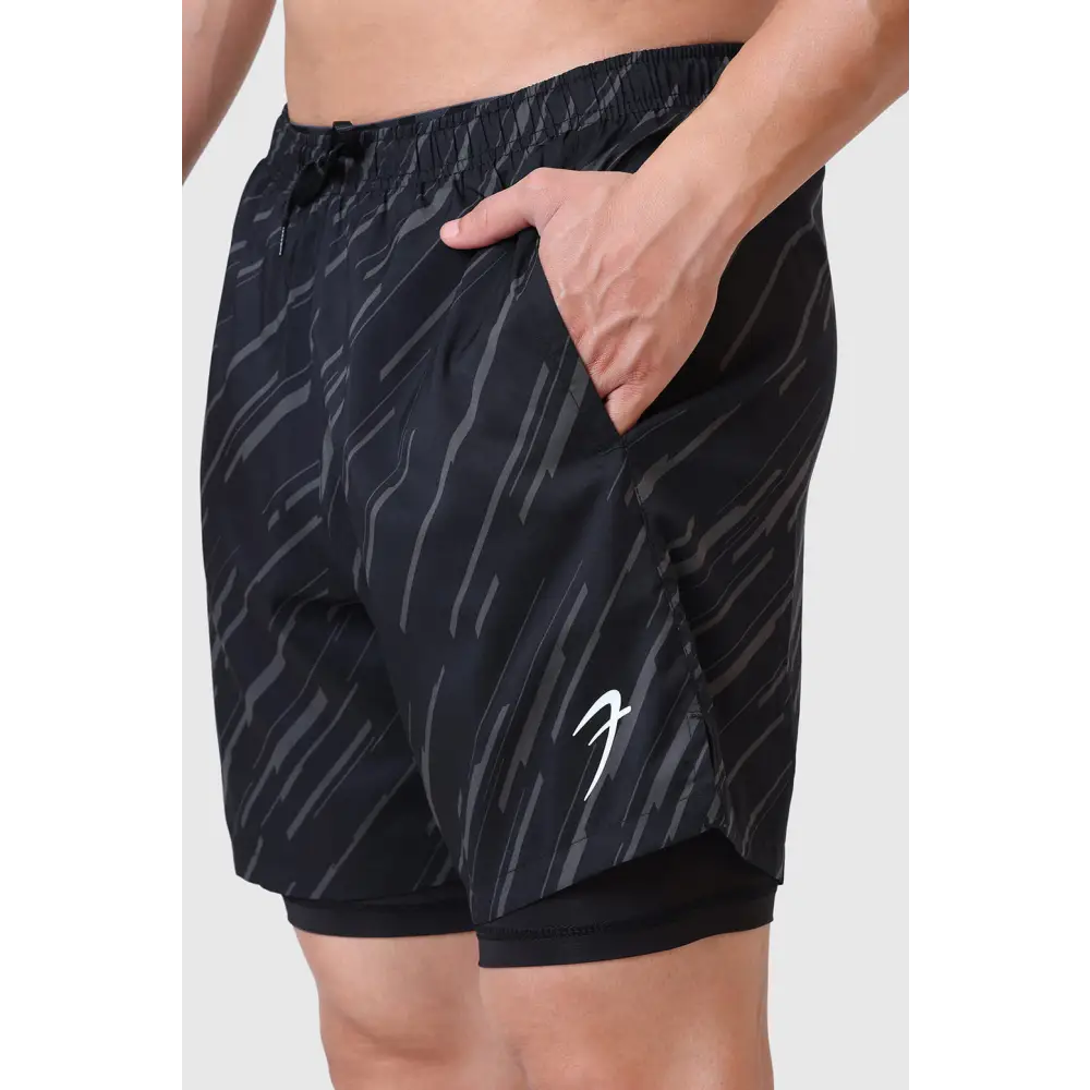2 in 1 Printed Compression Shorts Black - Shorts