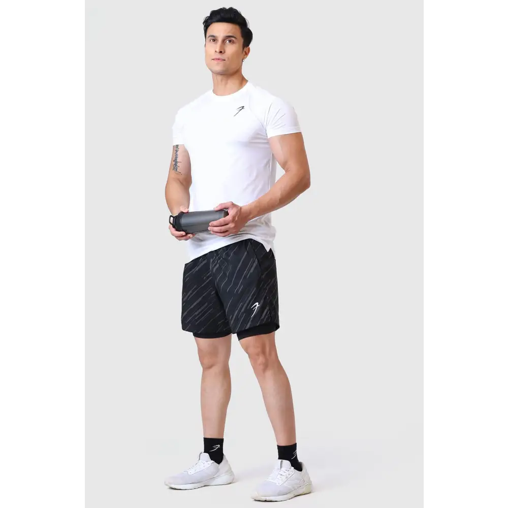 2 in 1 Printed Compression Shorts Black - Shorts